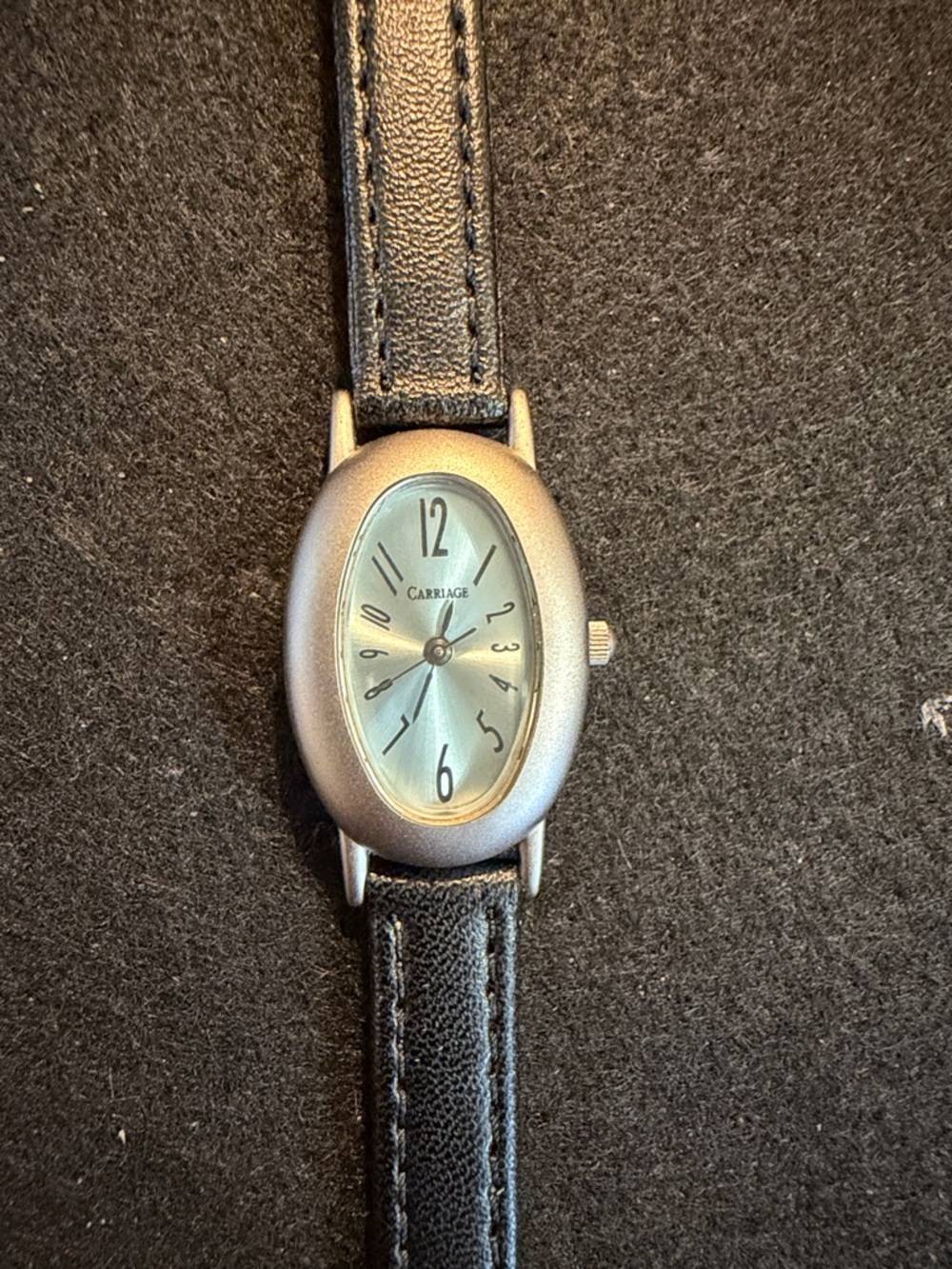 Carriage Boutique Black Leather Strap Oval Watch with Silver Case